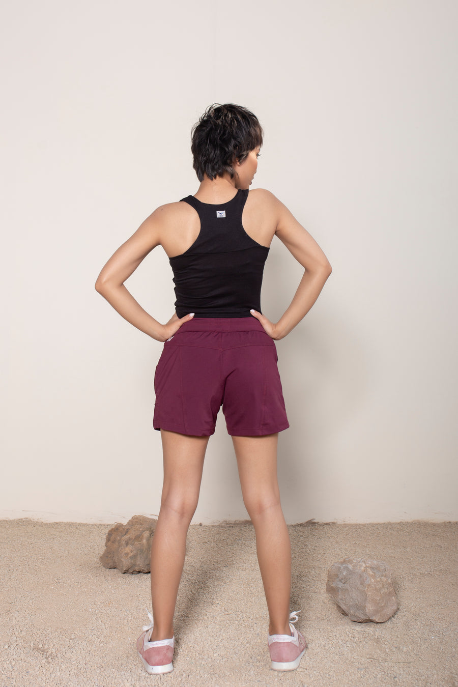 Women's Terra Shorts Burgundy | VOLO Apparel | A blend of technology, function, and style. The Terra shorts are designed and ready for every active opportunity that comes your way. Your first women's shorts with deep pockets, a snap button smart phone pocket, a zippered key pocket, and a hidden zippered back pocket.  High waisted, great for climbing, yoga, training, running and chilling.