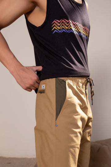 Men's Yosemite Rip Stop in Khaki | VOLO Apparel | Made with a durable stretch rip stop, the Yosemite Rip Stop pant is our ultimate six pocket lifestyle pant. Featuring a 3 point gusset, snap button security pockets, 2 zipper pockets and the comfort of cotton ripstop, these are your go to adventure pants. Designed to take you from the summit, to the city.