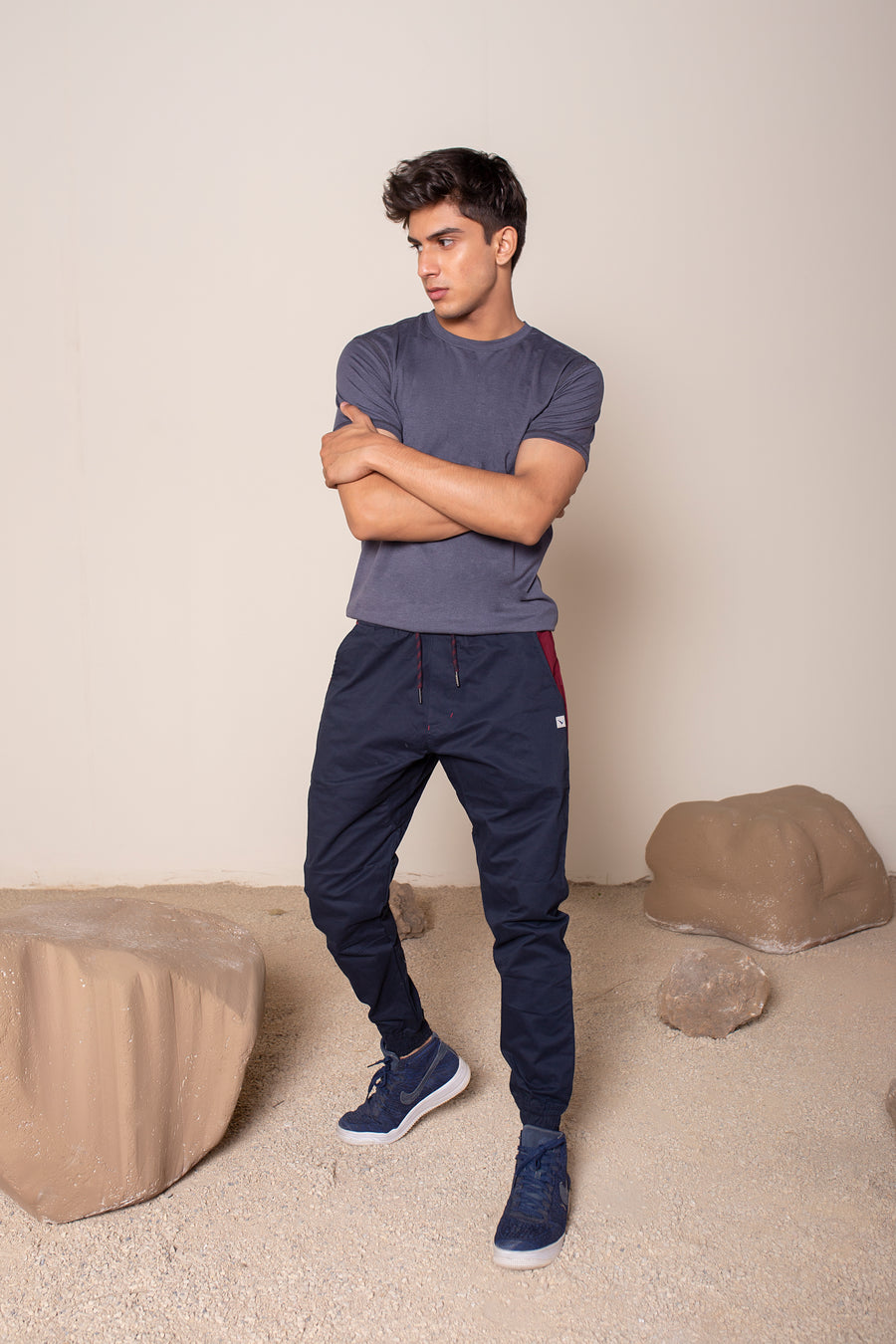 Men's Earth Joggers Navy Blue | VOLO Apparel | Designed for you to rock climb, hike, yoga, run or just chill. The most versatile athletic joggers that are fitted for your every daily life and all your athletic endeavors. The Earth Joggers comes with five pockets, features a 3 point gusset, 2 zipper pockets, snap buttons, tapered bottoms, and a breathable stretchy spandex cotton twill. With an internal drawstring and a tailored fit, these are gonna be your go to adventure joggers.