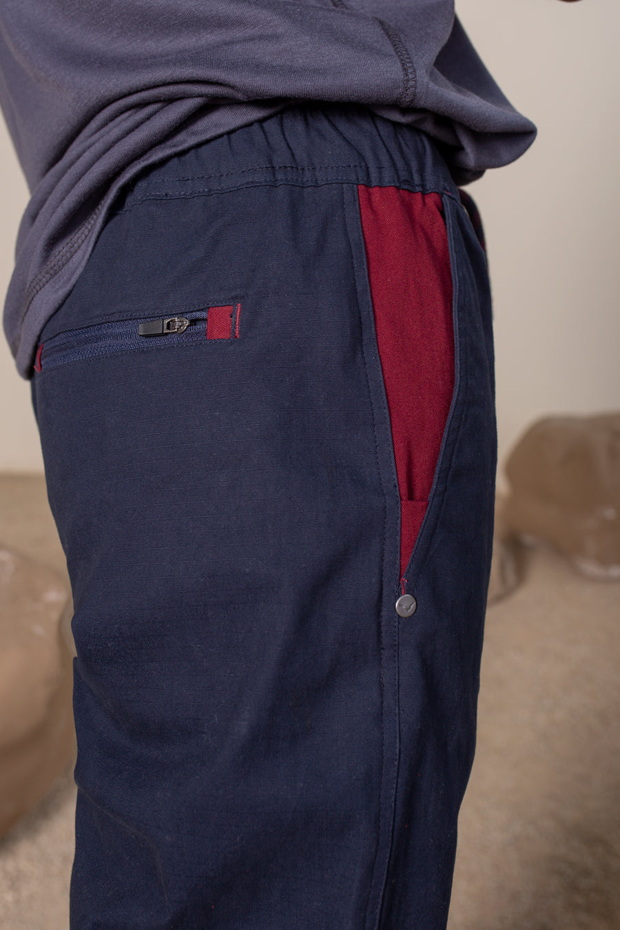 Men's Yosemite Rip Stop in Navy | VOLO Apparel | Made with a durable stretch rip stop, the Yosemite Rip Stop pant is our ultimate six pocket lifestyle pant. Featuring a 3 point gusset, snap button security pockets, 2 zipper pockets and the comfort of cotton ripstop, these are your go to adventure pants. Designed to take you from the summit, to the city.