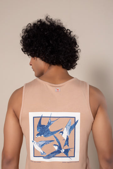 Men's Solo Bamboo Tank Beige Barn Swallow | VOLO Apparel | Made with a blend of bamboo fibers and a four way stretch spandex, Solo Bamboo Tank features an ultra soft tank that is full of features. The bamboo fibers are naturally odor resistant and antimicrobial, the fit is a tailored fit, each tank features a unique print.