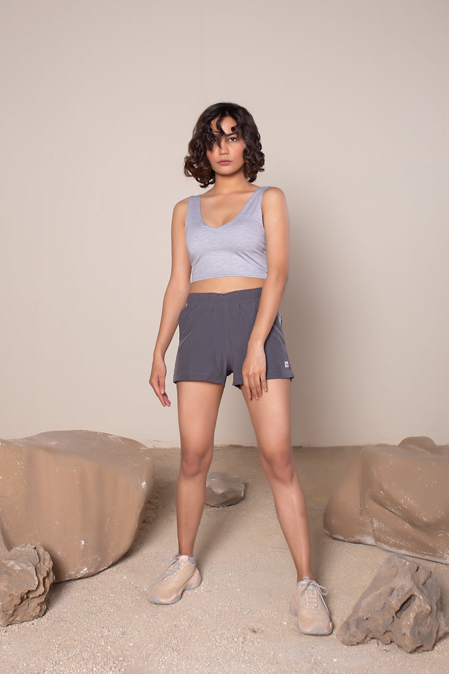 Women's Vera Crop in Marble Gray | VOLO Apparel | The perfect athletic crop top made with a four way stretch bamboo fiber blend. Double lined and naturally odor resistant and antimicrobial. The Vera bamboo crop is reinforced stitched, the bamboo fiber comes with its own climate control properties, making the tops more breathable in the heat and more insulating in the cold.